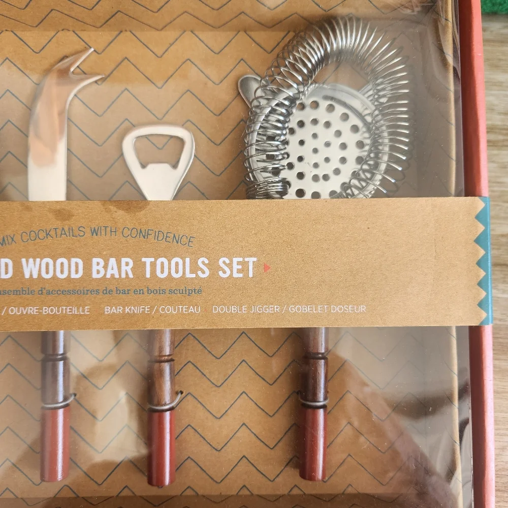 NWT West Elm 4 Piece Carved Wood Bar Ware Cocktail Bartender Tools
